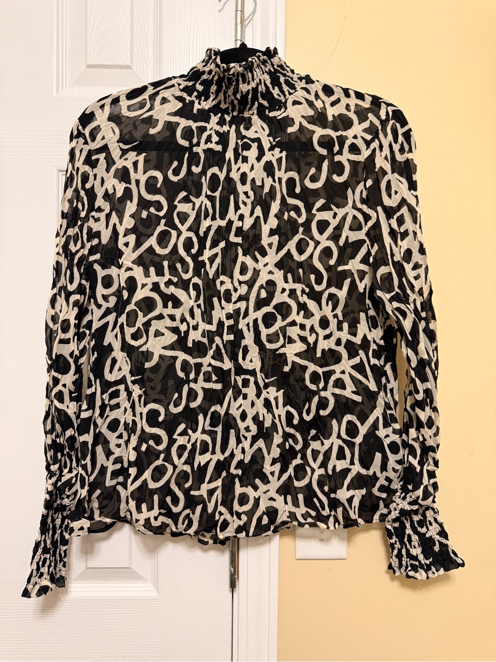 H&M Black & White Smocked High-Neck Scribble Print Blouse